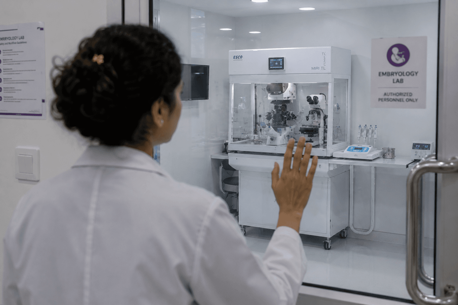 An embryologist stands at the sealed glass of a restricted embryology lab, one hand flat against the pane, looking in at a time-lapse incubator.
