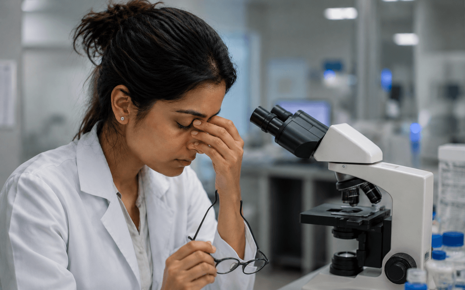 An embryologist sits back from her laboratory microscope with her eyes closed, glasses in hand, pressing the bridge of her nose.