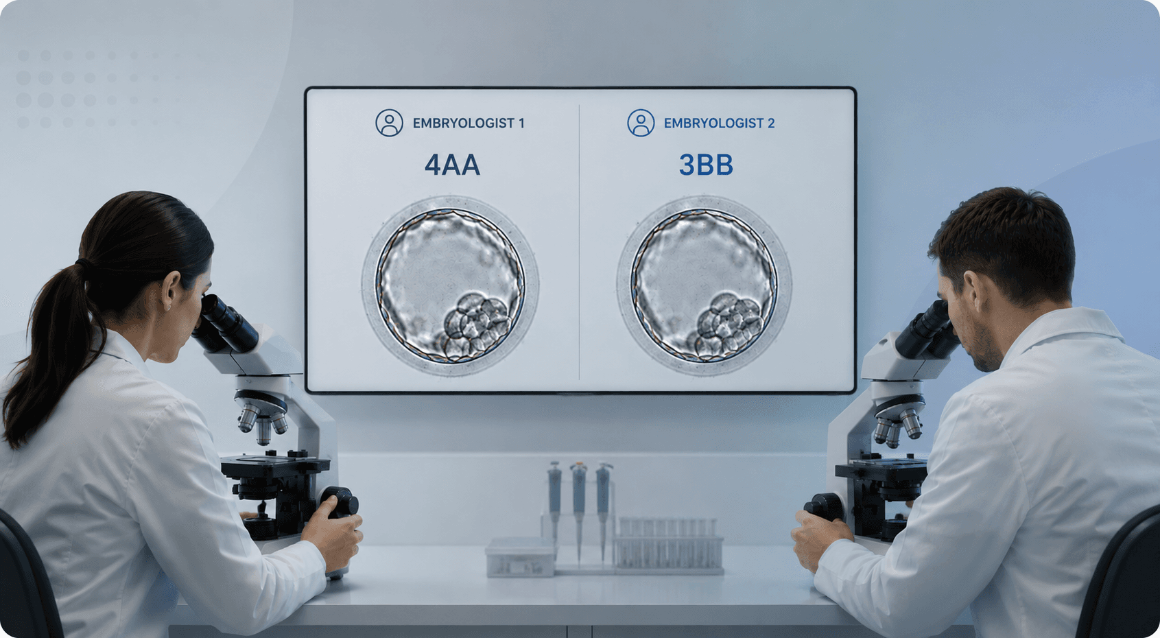 Two embryologists at microscopes grade the same embryo and reach different scores, 4AA and 3BB, shown side by side on a wall monitor.