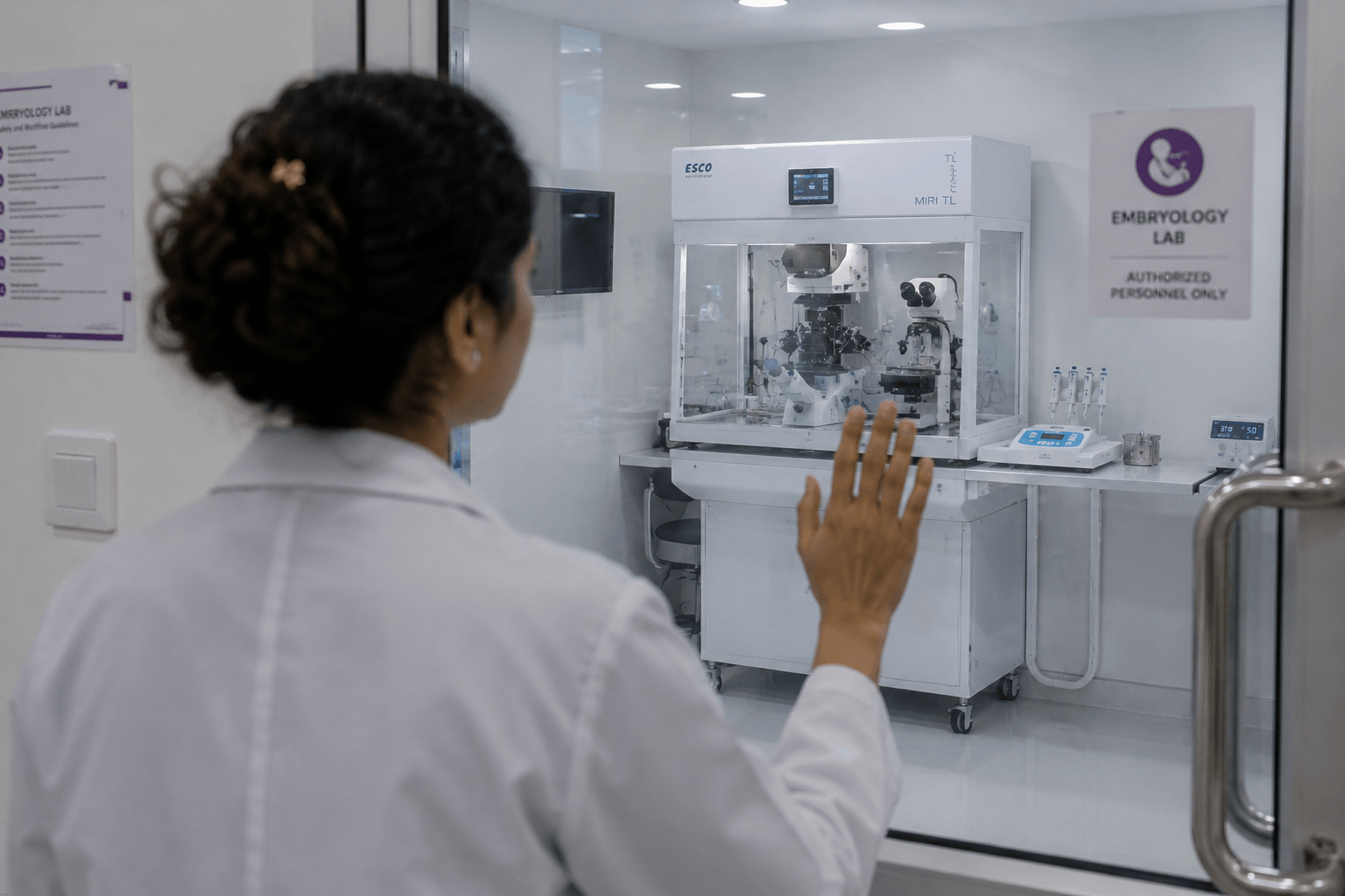 An embryologist stands at the sealed glass of a restricted embryology lab, one hand flat against the pane, looking in at a time-lapse incubator.