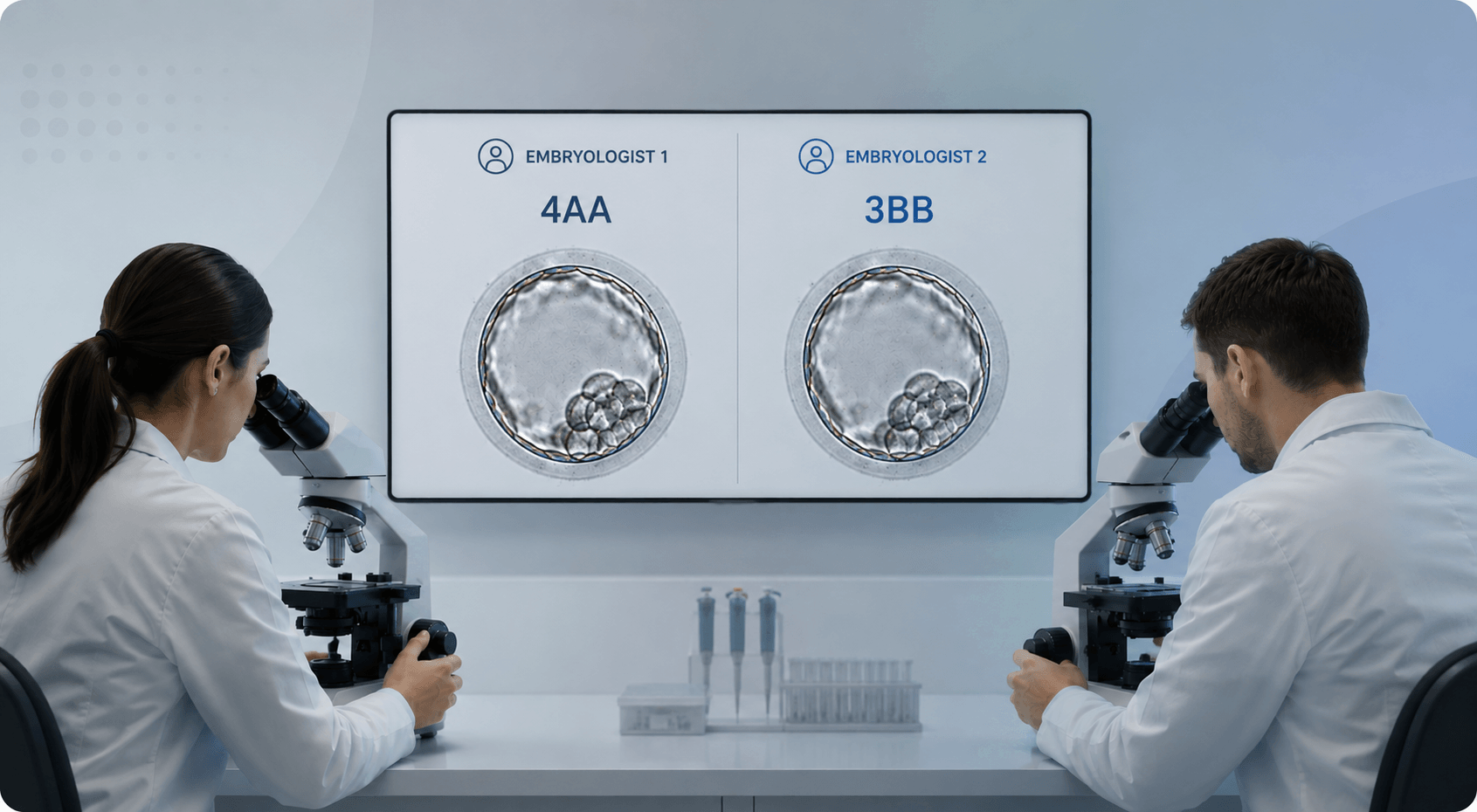 Two embryologists at microscopes grade the same embryo and reach different scores, 4AA and 3BB, shown side by side on a wall monitor.